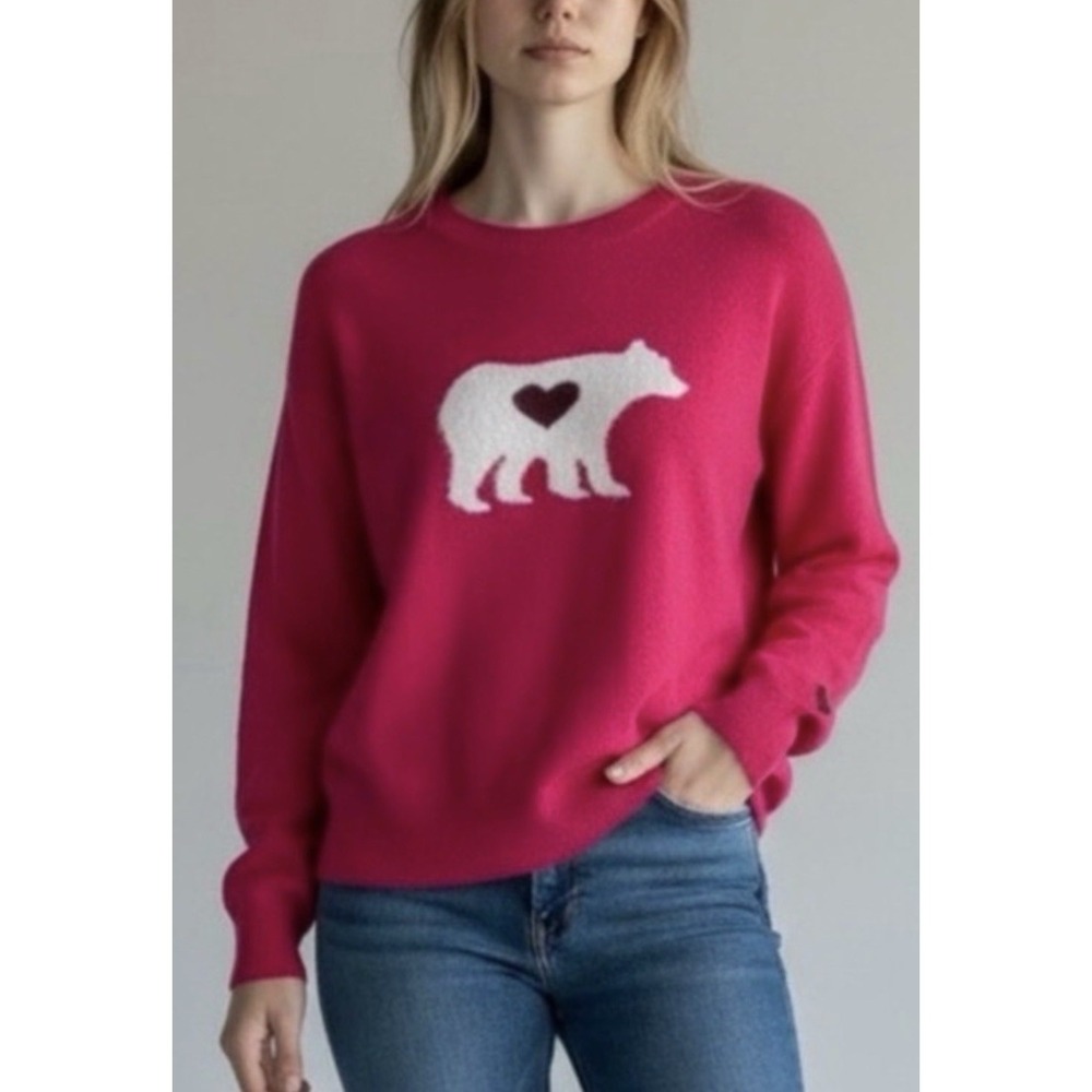 Sundance Mighty Polar Bear Heart Wool Sweater Pink Crewneck Knit Valentine Sz S